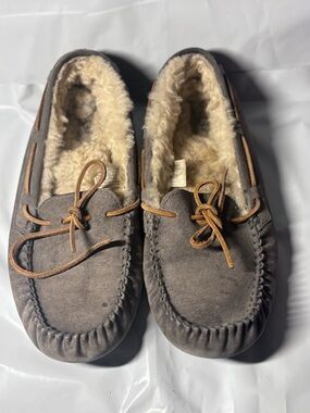 UGG Women's Gray Suede Shearling-Lined Moccasin Slippers with Brown Laces